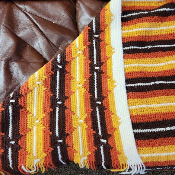 Vtg Handmade Afghan Crochet Retro Sofa Cover Diamond Stitch Stripe Blanket 43x71 - Picture 11 of 14